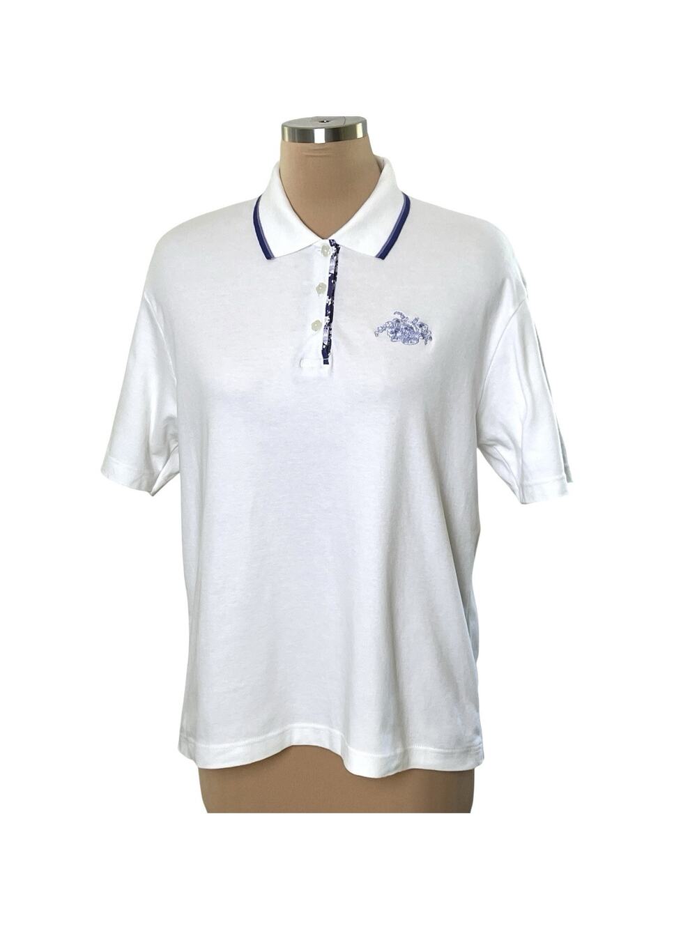 Tee-Wear For Her Polo Golf Shirt Medium White Blue Accent Logo Short Sleeve Vtg